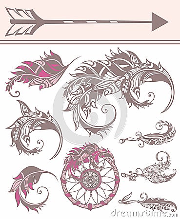 Hand drawn doodle boho style dividers, borders, arrows design elements, dream catchers. Isolated. Vector Illustration