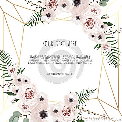 Vector floral design card. Greeting, postcard wedding invite template. Elegant frame with rose and anemone Stock Photo