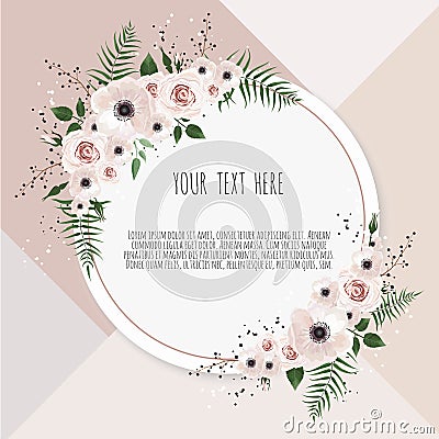 Vector floral design card. Greeting, postcard wedding invite template. Elegant frame with rose and anemone Vector Illustration