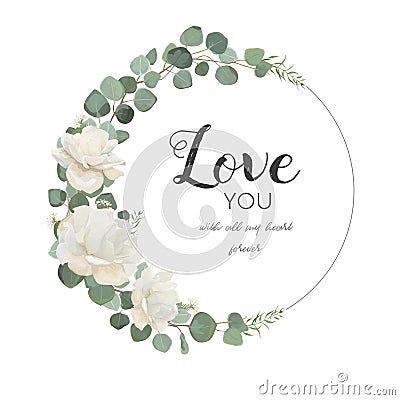 Vector floral design card. White Rose cute flower Eucalyptus bra Vector Illustration