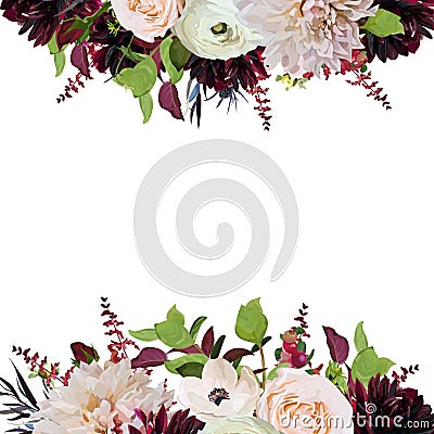 Vector floral design square card design pink Rose burgundy Dahlia flowers Anemone red Astilbe Agonis green garden leaves Wedding Vector Illustration