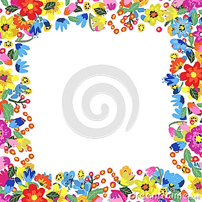 Vector floral frame. Bright summer flowers arrange in border on white background. Vector Illustration