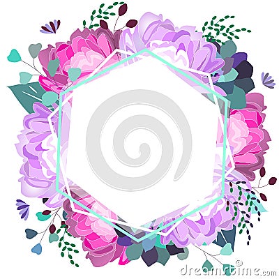 Vector floral frame with pink and violet peony, succulent,leaves. Trendy summer design. Vector Illustration