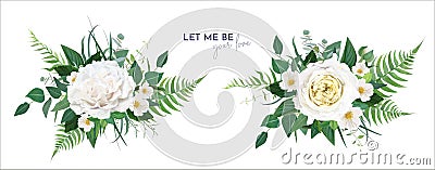 Vector floral greenery bouquet. Lush green tropical eucalyptus leaves, fern, white light yellow rose flowers, camellia, herbs Vector Illustration