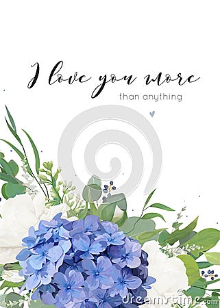 Vector floral greeting card design with elegant bouquet of blue hydrangea flower white garden roses, eucalyptus green branches, li Vector Illustration