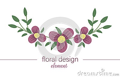 Vector floral horizontal decorative element. Flat trendy illustration with flower, leaves, branches. Meadow, woodland, forest clip Vector Illustration