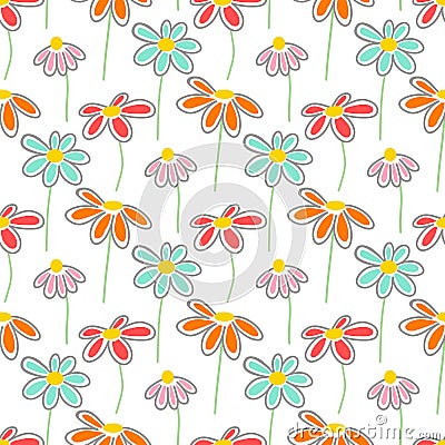 Vector floral pattern with cute daisies. Vector Illustration