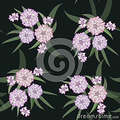 Vector floral pattern of a group of pink flowers with leaves. Vector Illustration
