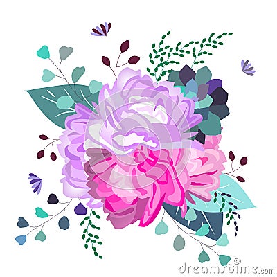 Vector floral romantic, pink and purple composition. Trendy flowers,succulent,leaves,greenery. Summer,spring,wedding decor design Vector Illustration