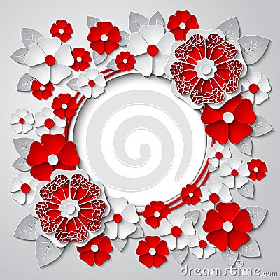 Vector floral round frame with 3d red and white paper cut flowers Vector Illustration
