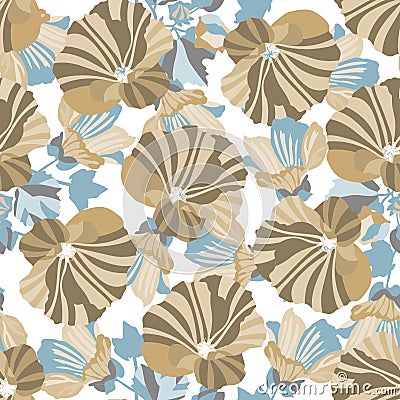 Vector floral seamless pattern in blue and coffee tones. Stylized mallows on a white background. Vector Illustration