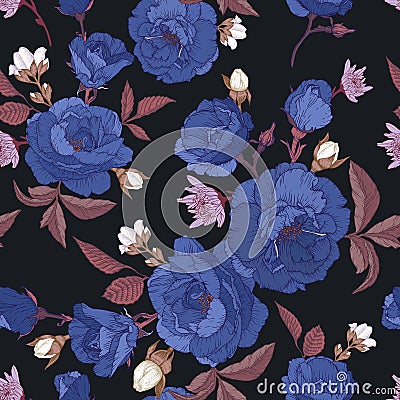 Vector floral seamless pattern with blue roses, chrysanthemums and white jasmine Vector Illustration