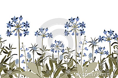 Vector floral seamless pattern, border with blue flowers and beige leaves, herbs. Vector Illustration