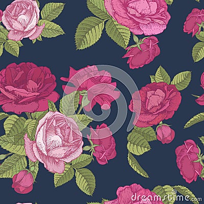 Vector floral seamless pattern with bouquets of red and pink roses on dark blue background Vector Illustration