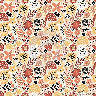 Vector floral seamless pattern white colors autumn. Flat flowers, petals, leaves with and doodle elements. Collage style Vector Illustration