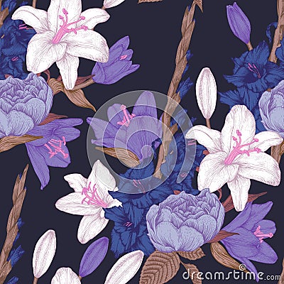 Vector floral seamless pattern with hand drawn gladiolus flowers, lilies and roses Vector Illustration