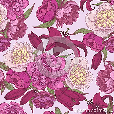 Vector floral seamless pattern with hand drawn pink and white peonies, red lilies Vector Illustration