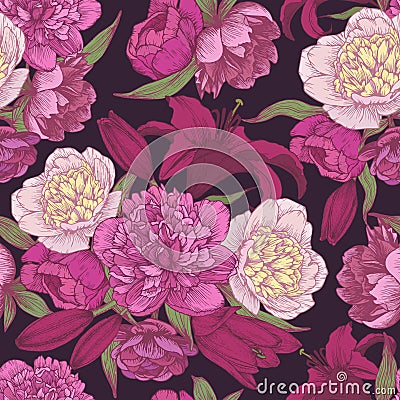Vector floral seamless pattern with hand drawn pink and white peonies, red lilies. Vector Illustration