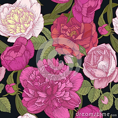 Vector floral seamless pattern with hand drawn pink and white peonies, roses in vintage style Vector Illustration