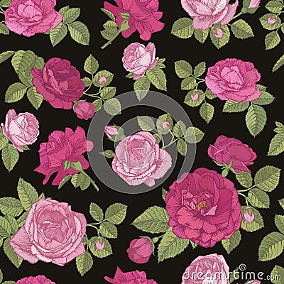 Vector floral seamless pattern with hand drawn red and pink roses on black background Vector Illustration