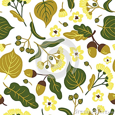 Vector floral seamless pattern with linden flowers. Hand drawn eco design. Vector Illustration