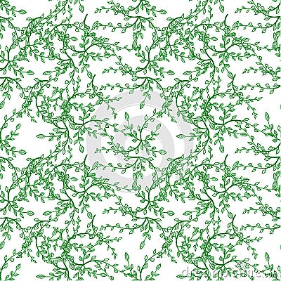 Vector Floral Seamless Pattern, Outline Drawings, Hand Drawn Plants, Green Lines. Vector Illustration