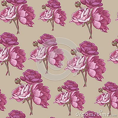 Vector floral seamless pattern with persian buttercups and peonies Vector Illustration