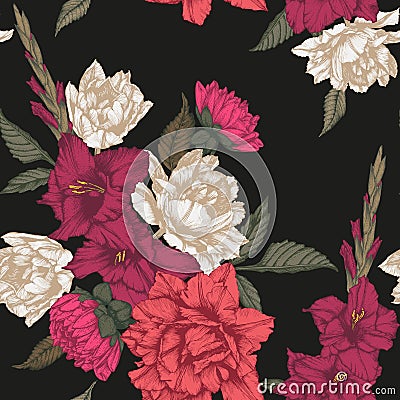 Vector floral seamless pattern with tulips, gladiolus and dahlias Stock Photo