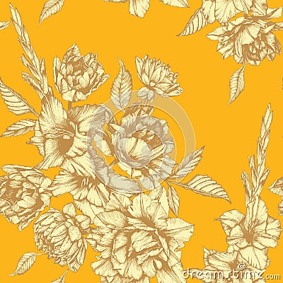 Vector floral seamless pattern with tulips, gladiolus and dahlias Stock Photo