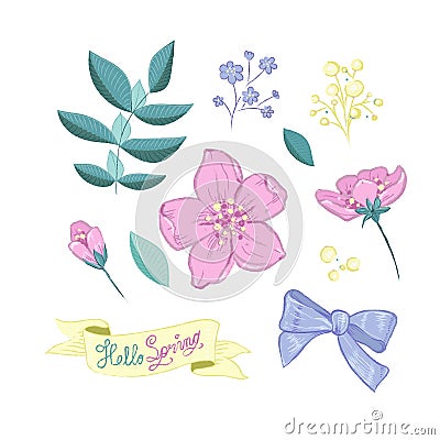 Vector floral set.Colorful purple floral collection with leaves and flowers,drawing watercolor.Colorful floral Vector Illustration