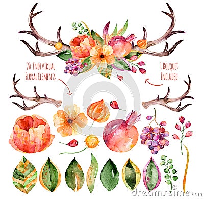 Vector floral set. Colorful purple floral collection with leaves, horns and flowers, drawing watercolor+colorful floral bouquet wi Stock Photo