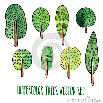 Vector floral set. Colorful tree collection, drawing watercolor. Spring or summer design for invitation, wedding or greeting cards Vector Illustration