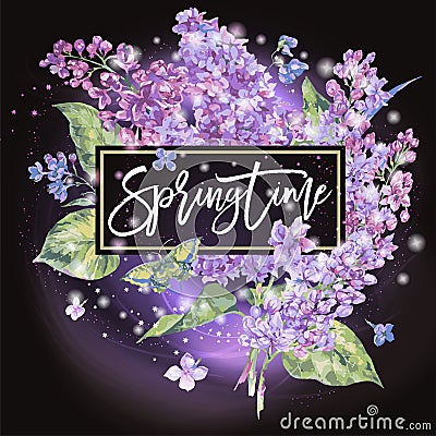 Vector floral spring greeting card of lilac Vector Illustration