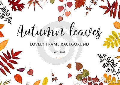 Vector floral watercolor style card design Autumn border, frame: colorful orange yellow brown red fall leaves berries, forest map Vector Illustration