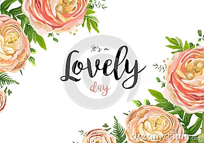 Vector floral watercolor style card design: pink peach rose Ranunculus flowers Eucalyptus greenery, fern frond leaves natural Vector Illustration