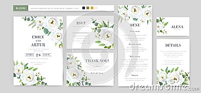 Vector floral wedding card template set. Invite, menu, rsvp, thank you, details. White eustoma flowers, jasmine, green eucalyptus Vector Illustration
