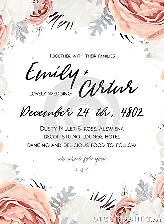 Vector floral wedding invitation invite, save the date card design with Flower Bouquet of Peach, white Rose Peony, dusty miller s Vector Illustration