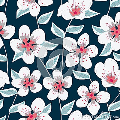Vector Floral with White and Pink Flowers with Green Leaves on Blue Seamless Repeat Pattern Vector Illustration