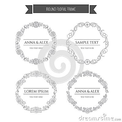 Vector floral wreath outline. Round frames of flowers, roses, pe Vector Illustration