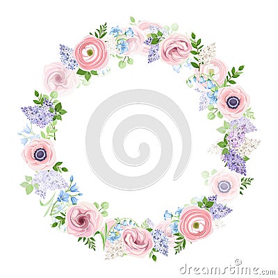 Floral wreath with pink, blue and purple flowers. Vector illustration. Vector Illustration