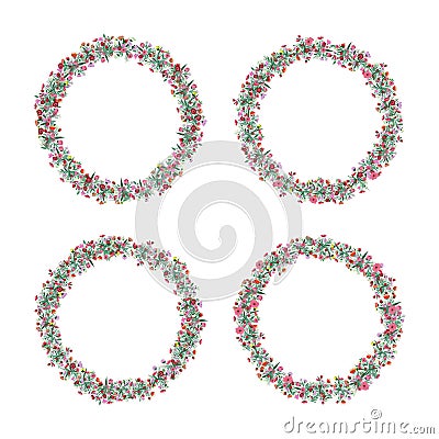 Vector floral wreath set. Bright flowers arrange in round border Vector Illustration