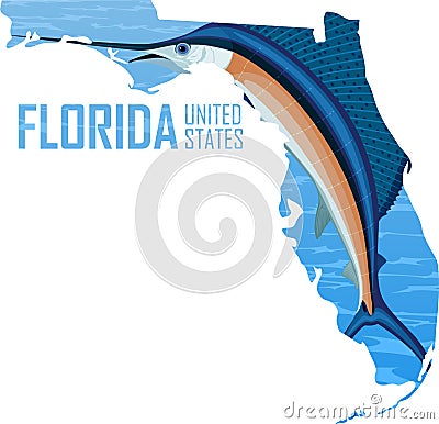 Vector Florida - American state map with swordfish Atlantic sailfish Vector Illustration