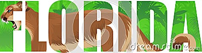 Vector Florida - American state word with puma cougar or mountain lion and wetland jungle rainforest Vector Illustration