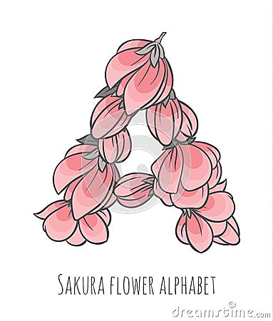 Vector flower font made with sakura flowers and leaves Vector Illustration