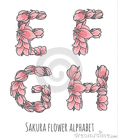 Vector flower font made with sakura flowers and leaves Vector Illustration