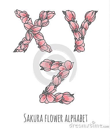 Vector flower font made with sakura flowers and leaves Vector Illustration