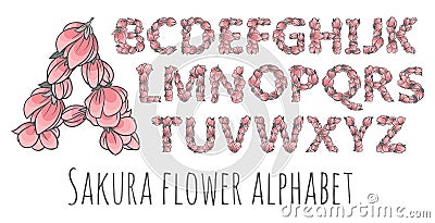 Vector flower font made with sakura flowers and leaves Vector Illustration