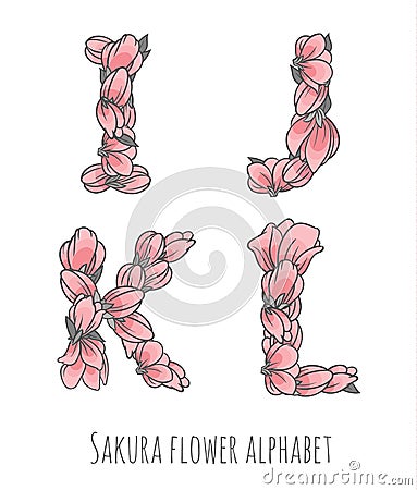 Vector flower font made with sakura flowers and leaves Vector Illustration