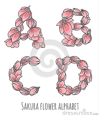 Vector flower font made with sakura flowers and leaves Vector Illustration