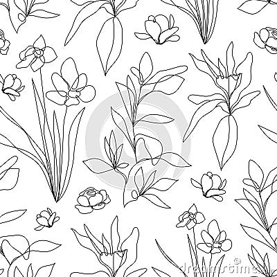 Vector flower linear seamless background, daffodils and leaves. One, continuous line pattern, hand drawn style. Monoline Vector Illustration